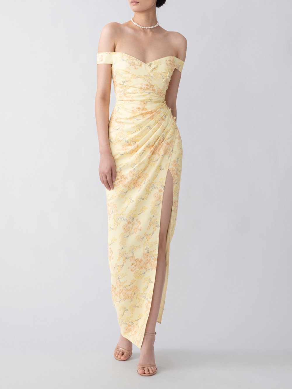 Sau Lee Mikaela Off The Shoulder Floral Butter Yellow Slit Maxi Dress size 6 US